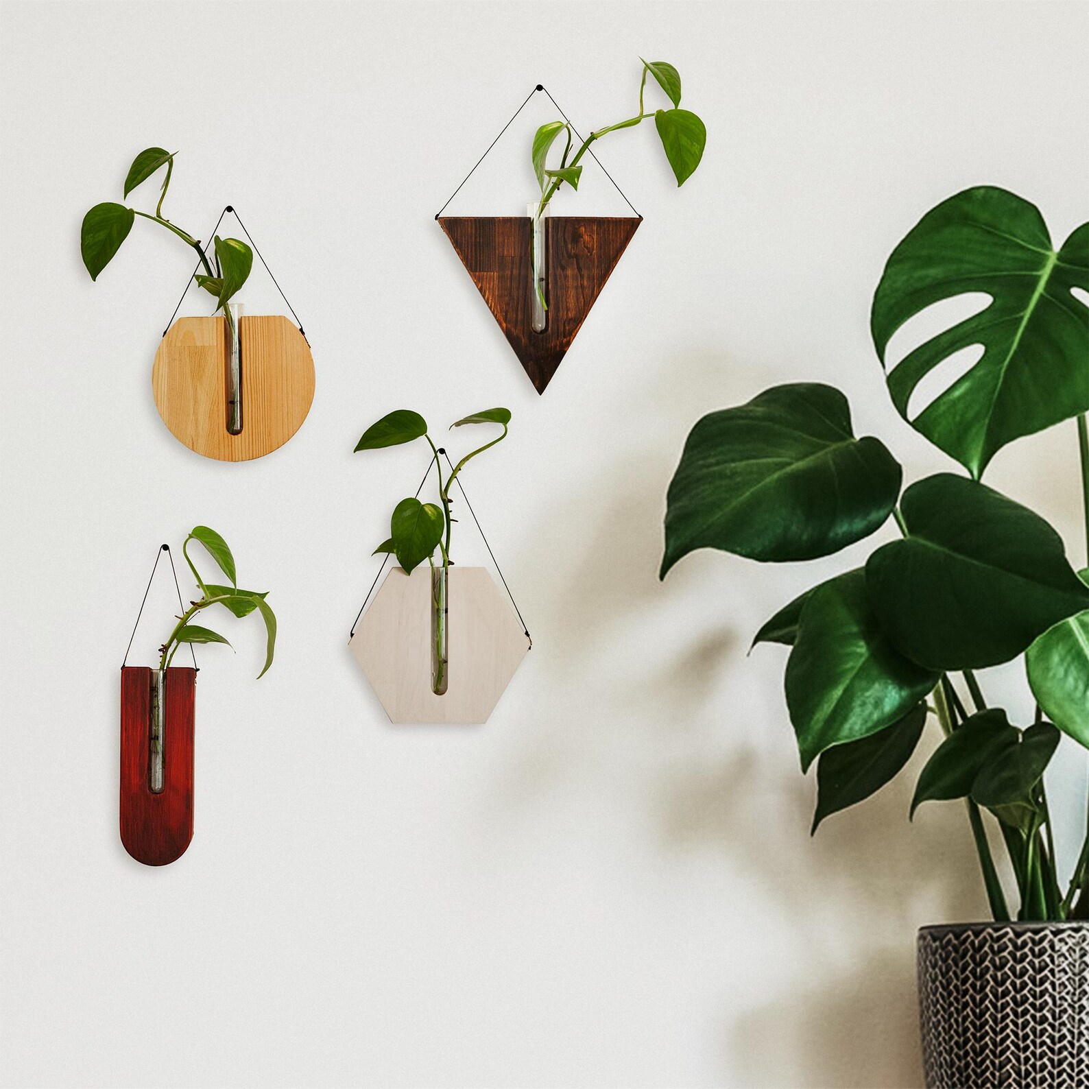 Set of 4 Wood Propagation Station - Indoor Planter Set - Wall Hanging Planter - Plant Hanger - Modern Boho Home Decor - Housewarming Gift
