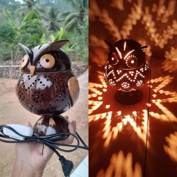 Handcrafted Coconut Shell Owl Night Lamp - Boho Décor, Eco-Friendly Bedside Light, Owl Lamp with Warm Glow, Unique Rustic Home Accent - Image 2