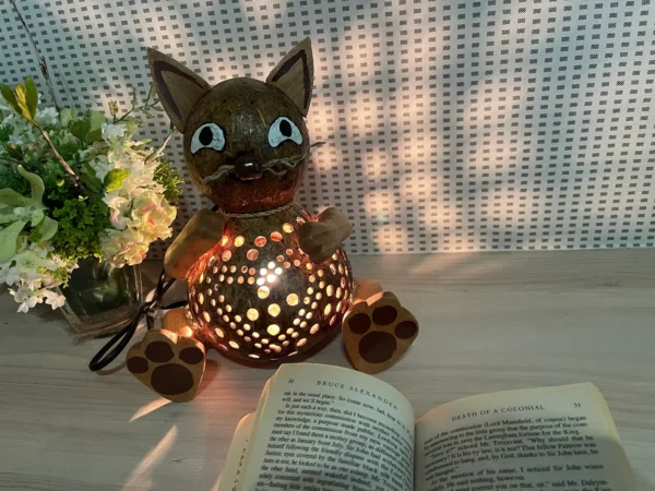Cat Puss Pussy Animal Lamp Coconut Shell Bedroom Lamp Table Floor Light Coconut Wooden Lantern - Image 2