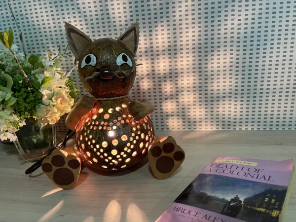 Cat Puss Pussy Animal Lamp Coconut Shell Bedroom Lamp Table Floor Light Coconut Wooden Lantern - Image 4