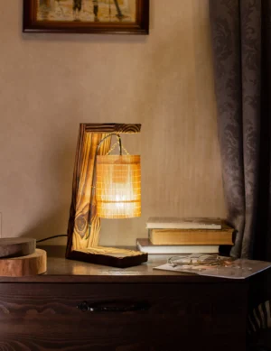 Desk Lamp Wood, Wooden table lamp, Old-fashioned woodworking, fire treated wood, deck lighting in the bedroom, wooden lamp, bamboo lampshade