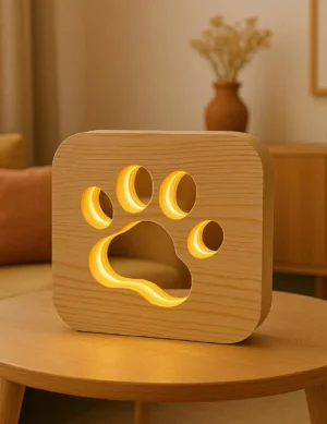 Handmade Bedside Night Light, Wooden Paw Design Lamp – Pine USB LED, Red, Blue & Warm White Options animal lover gift