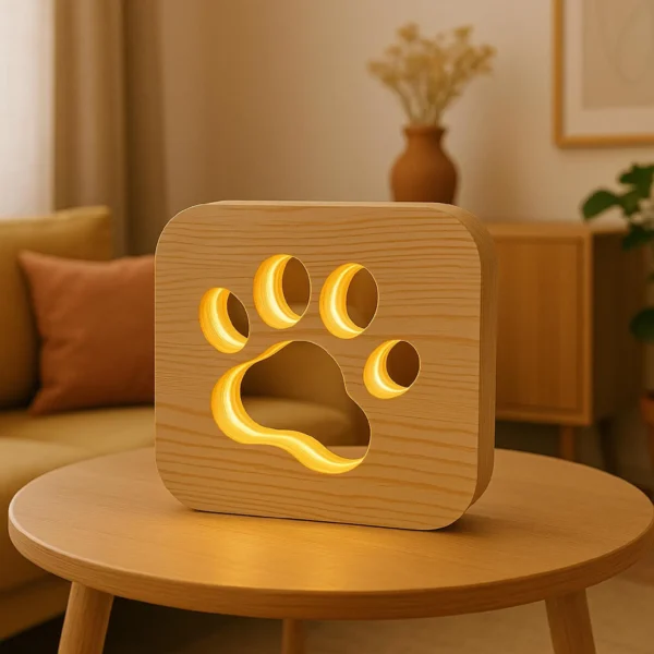 Handmade Bedside Night Light, Wooden Paw Design Lamp – Pine USB LED, Red, Blue & Warm White Options animal lover gift