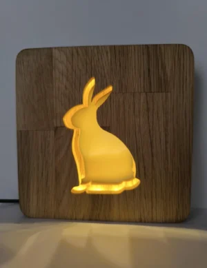 Wooden Night Light, Table Light Decor, Handmade Oak Wood Bedside Light USB Powered, Rabbit Shape