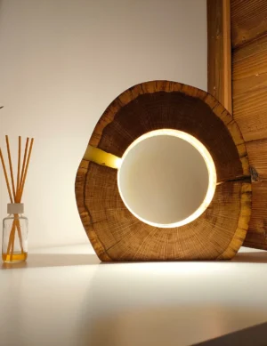A lamp made of oak slices with a dimming and brightening function