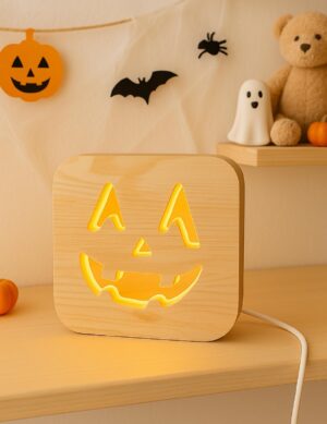 Wooden Pumpkin Design Night Light | USB Decorative Lamp for Halloween, Spooky Handmade Pumpkin Lamp, spooky gift