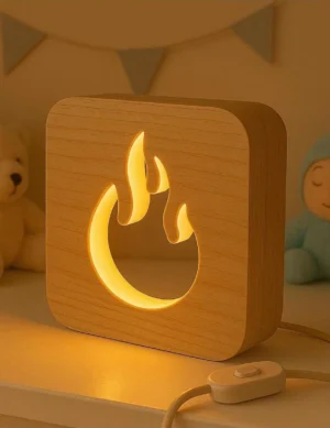 Handmade Solid Wood Night Light – Flame Design | USB Powered | Warm White, Red, Blue LED |