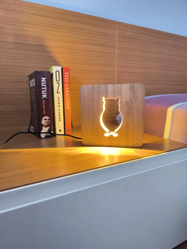Wooden Night Light, Table Light Decor, Handmade Oak Wood Bedside Light USB Powered, Owl Shape - Image 2