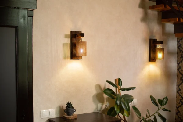 Wall wood sconce light set 2 pcs, wall lamp set, wood wall lights, wall wood sconce for reading, wooden lamp, bamboo lampshade - Image 3