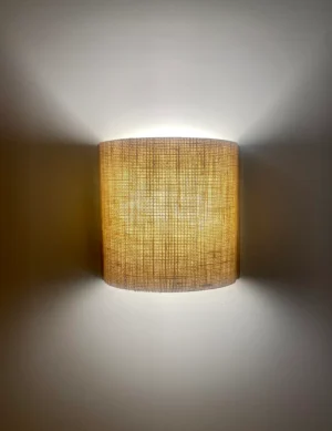 Elegant Wall Lamp – Semi-Circular Solid Oak Base and Rattan Fabric Shade – Rustic Wall Sconce for Cozy, Warm & Stylish Home Lighting.