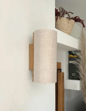 Handmade Natural Oak Wall Lamp with Cream Fabric Shade - Elegant, Durable, and Perfect for Modern or Rustic Recor.