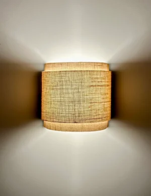 Handcrafted Rafia Fabric & Solid Oak Wall Lamp - Semicircular wall light Unique, Artisan-Made Home Lighting for a Rustic, Elegant Touch