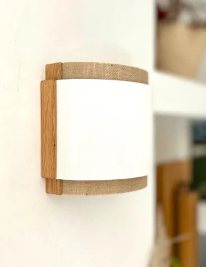 Handcrafted Solid Oak Wall Lamp with Dual Shade – White Fabric Center & Rafia Textile Outer for Unique, Elegant Lighting. wood Wall lamp.