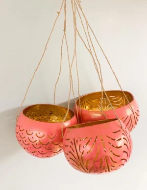 Handcrafted Pink Coconut Shell Hanging Candle Set – Boho Trio by Krafted Kingdom