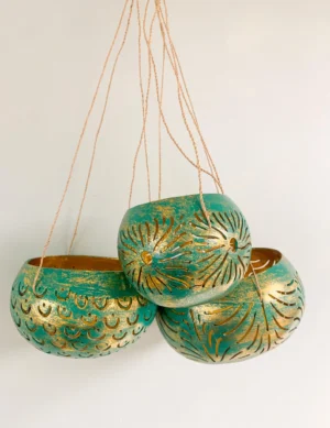Handcrafted Green Coconut Shell Hanging Candle Set – Eco-Friendly Trio by Krafted Kingdom