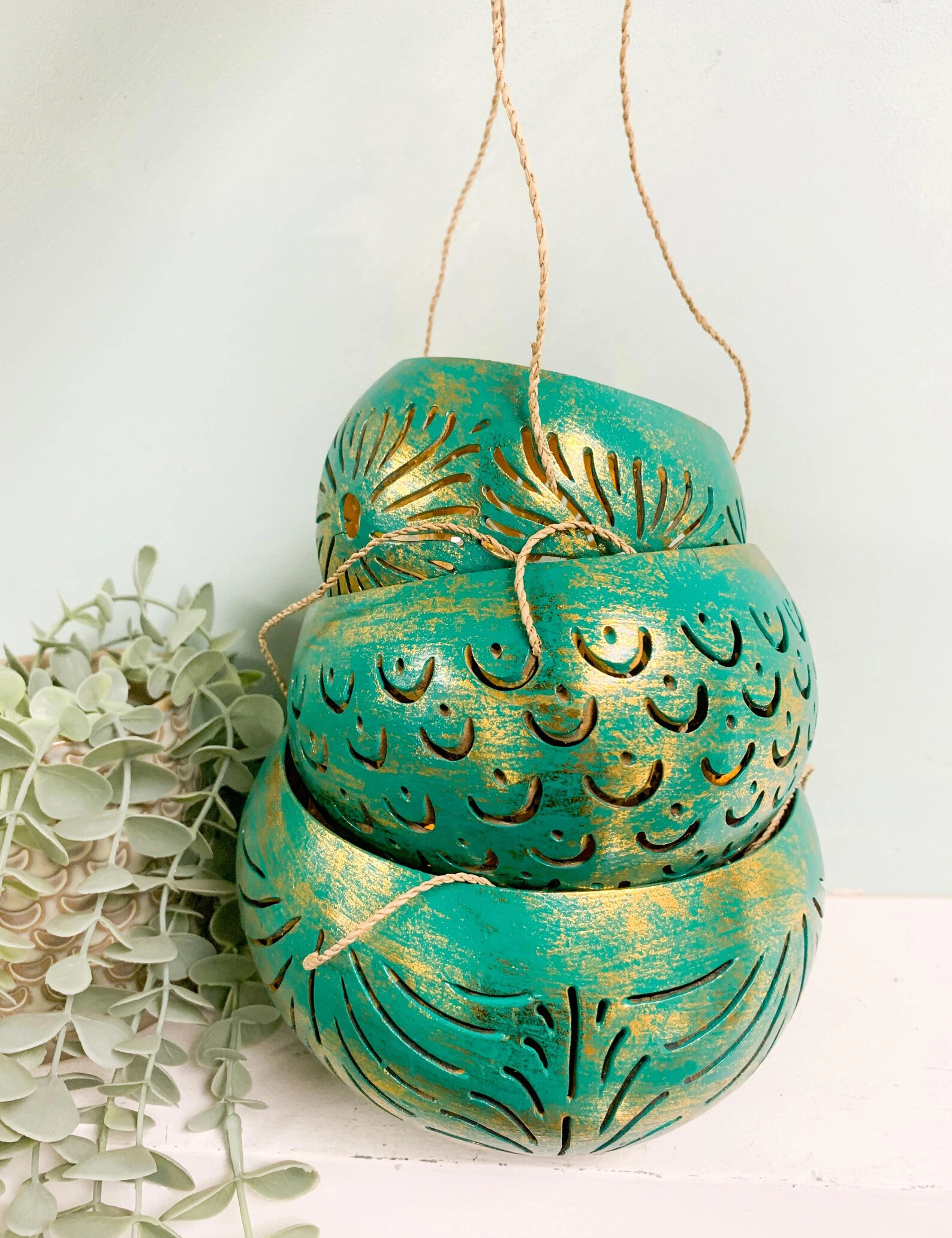 Handcrafted Green Coconut Shell Hanging Candle Set – Eco-Friendly Trio by Krafted Kingdom - Image 3