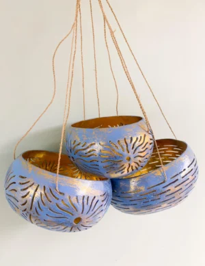 Handcrafted Blue Coconut Shell Hanging Candle Set – Rustic Trio by Krafted Kingdom