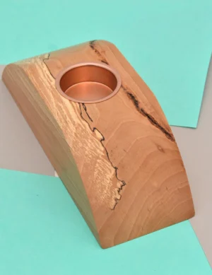Spalted Beech Wooden Tealight Holder with Copper Accents – Handcrafted Home Decor