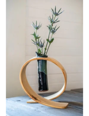 PR SR 16, Handmade Wooden Wave Vase with Ceramic Insert – Boho Tabletop Flower Holder