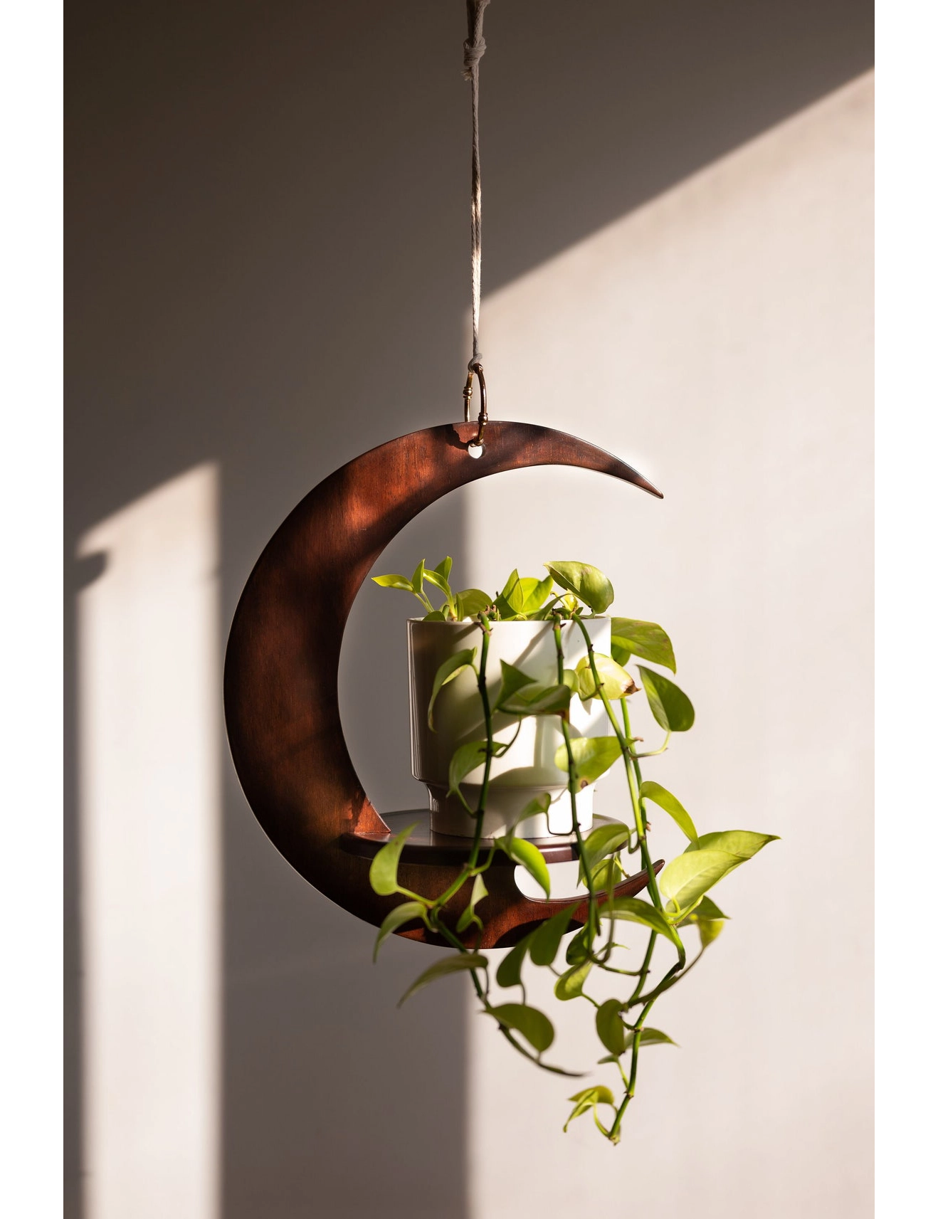 PR SR 55, Crescent Moon Wooden Plant Hanger – Handmade Hanging Shelf for Medium Plants - Image 2