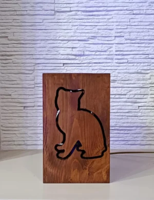 TL SR 12, Rustic Cat Lamp – Handmade Wooden Bedside Light