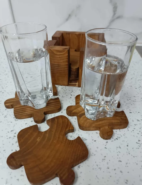 Set Of 6 Handmade Wooden Puzzle Coasters Rustic Eco Friendly Drink