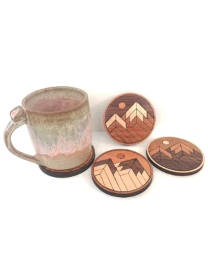 Rustic Mountain Wooden Coaster Set – Natural Inlay Cottagecore Style (Set of 4) by Krafted Kingdom