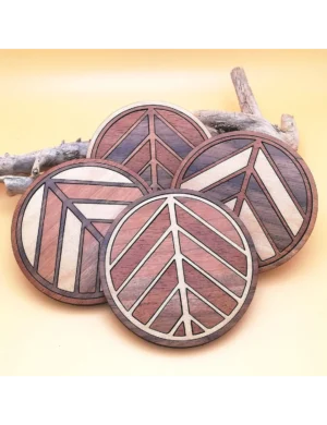 Handmade Wooden Leaf Puzzle Coaster Set – Round Inlay Coasters (Set of 4) by Krafted Kingdom