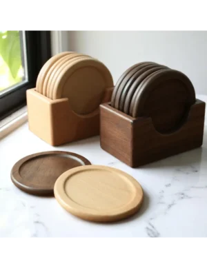 Handmade Walnut Wood Coaster Set with Holder – Minimalist Design by Krafted Kingdom