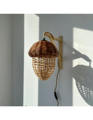 Handmade Wicker Wall Sconce – Acorn Lamp with Wooden Bracket by Krafted Kingdom