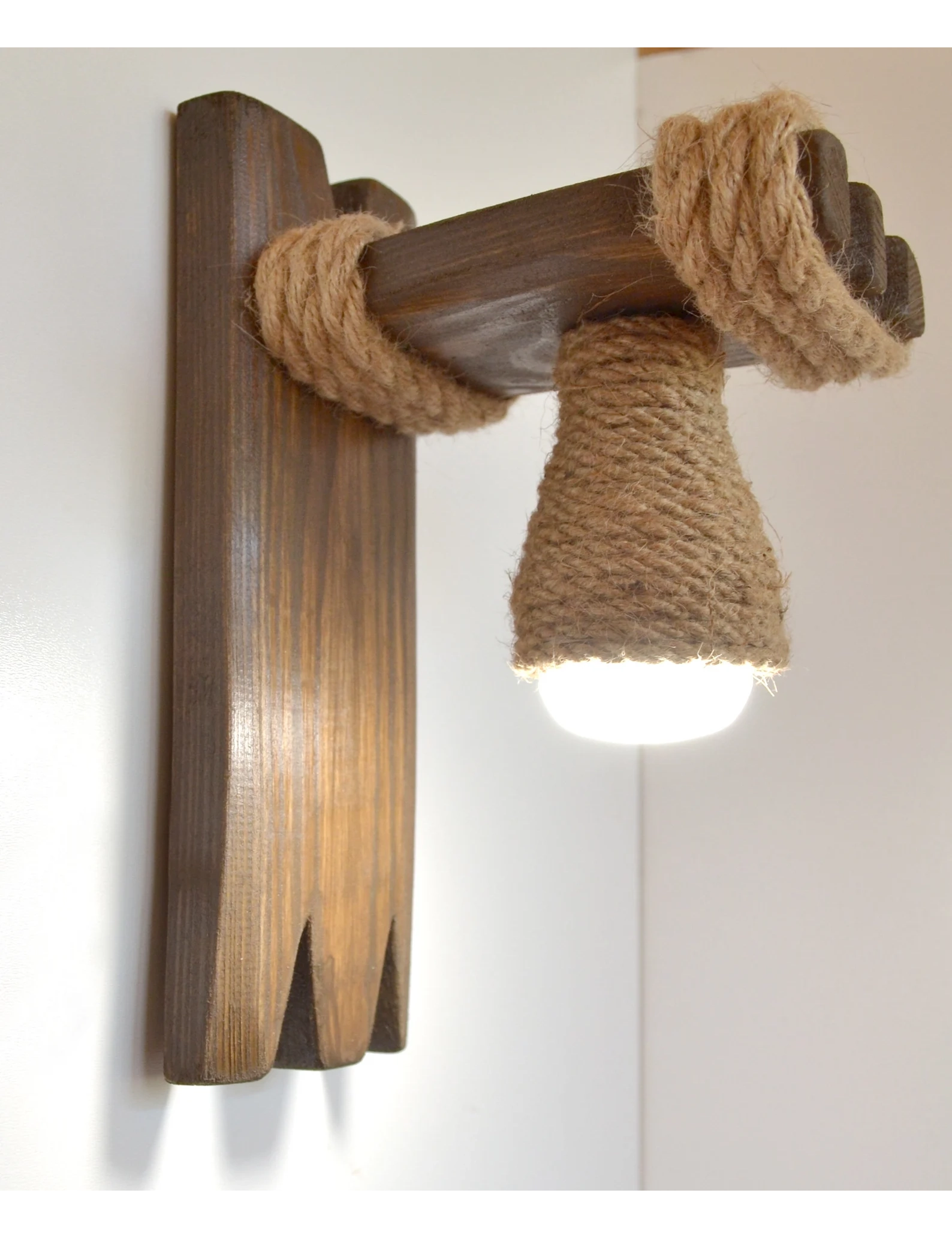 Handmade Wooden Wall Sconce with Jute Rope & LED Bulb by Krafted Kingdom
