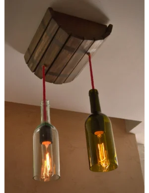 Handmade Ceiling Lamp with Wine Bottle Shades & Barrel Base by Krafted Kingdom